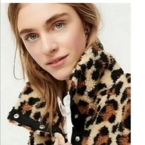 J. CREW | VINTAGE FLEECE Leopard Snap-Collar Sherpa Fleece Pullover | XS - Picture 3 of 8